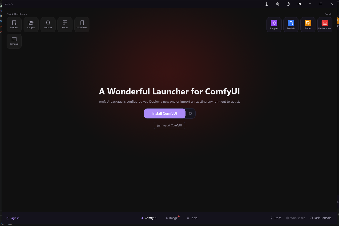 Wonderful Launcher Home mit Install ComfyUI und Import ComfyUI