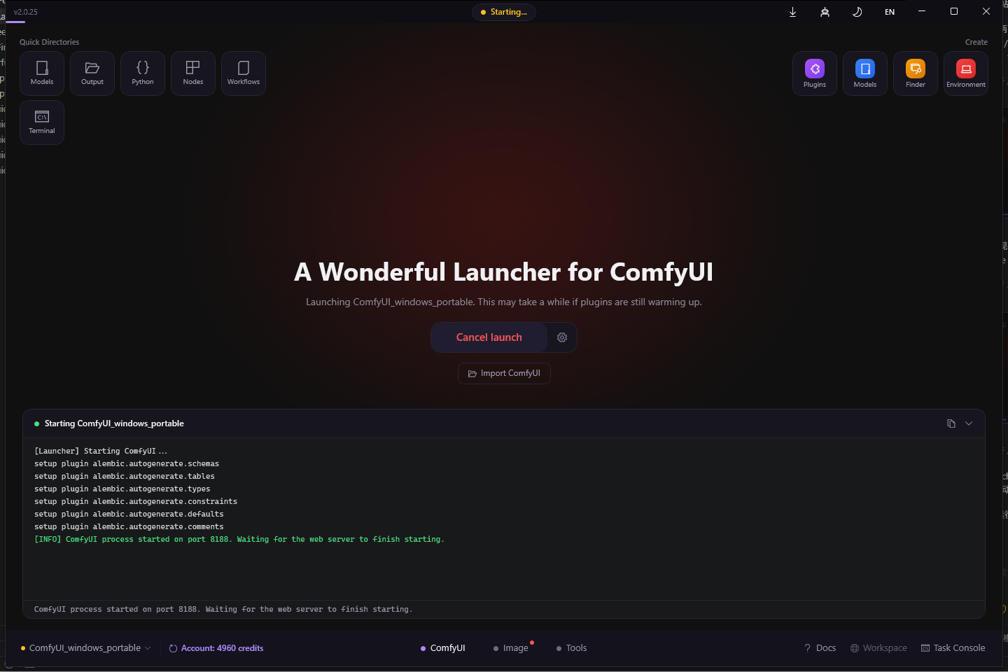 Wonderful Launcher Home während ComfyUI startet und die Startprotokolle sichtbar sind